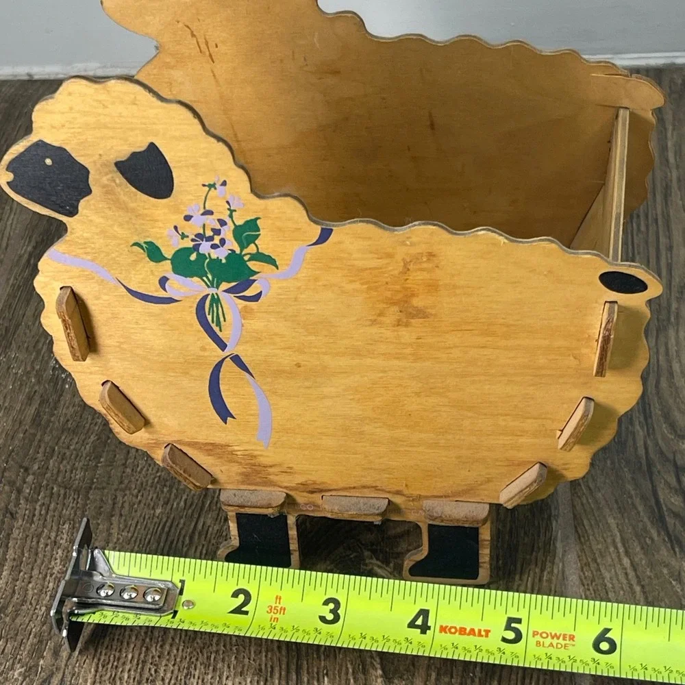 Wooden Sheep Trinket Box Holder Floral Ribbon Decoration Farmhouse Decor Cottage